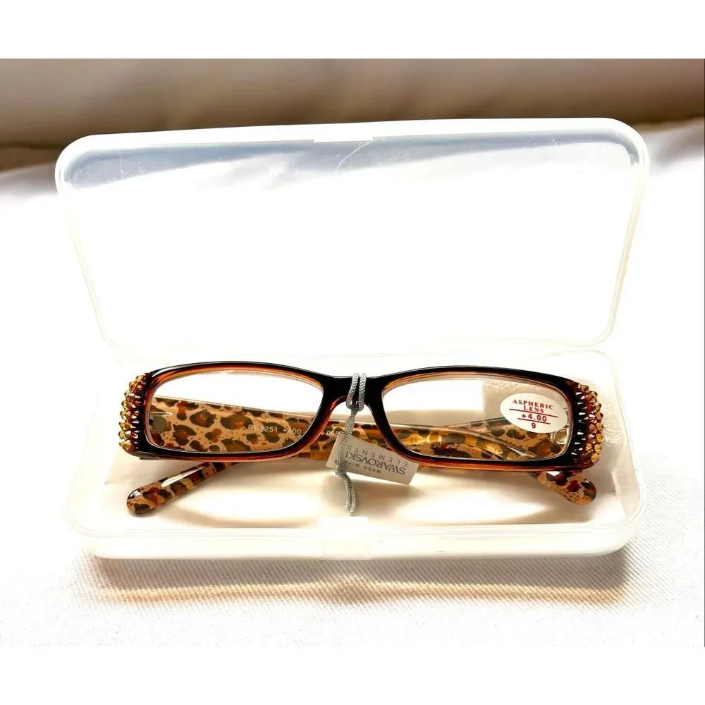 Swarovski Crystal Reading Glasses With Leopard Print New With Tags & Case +4.00